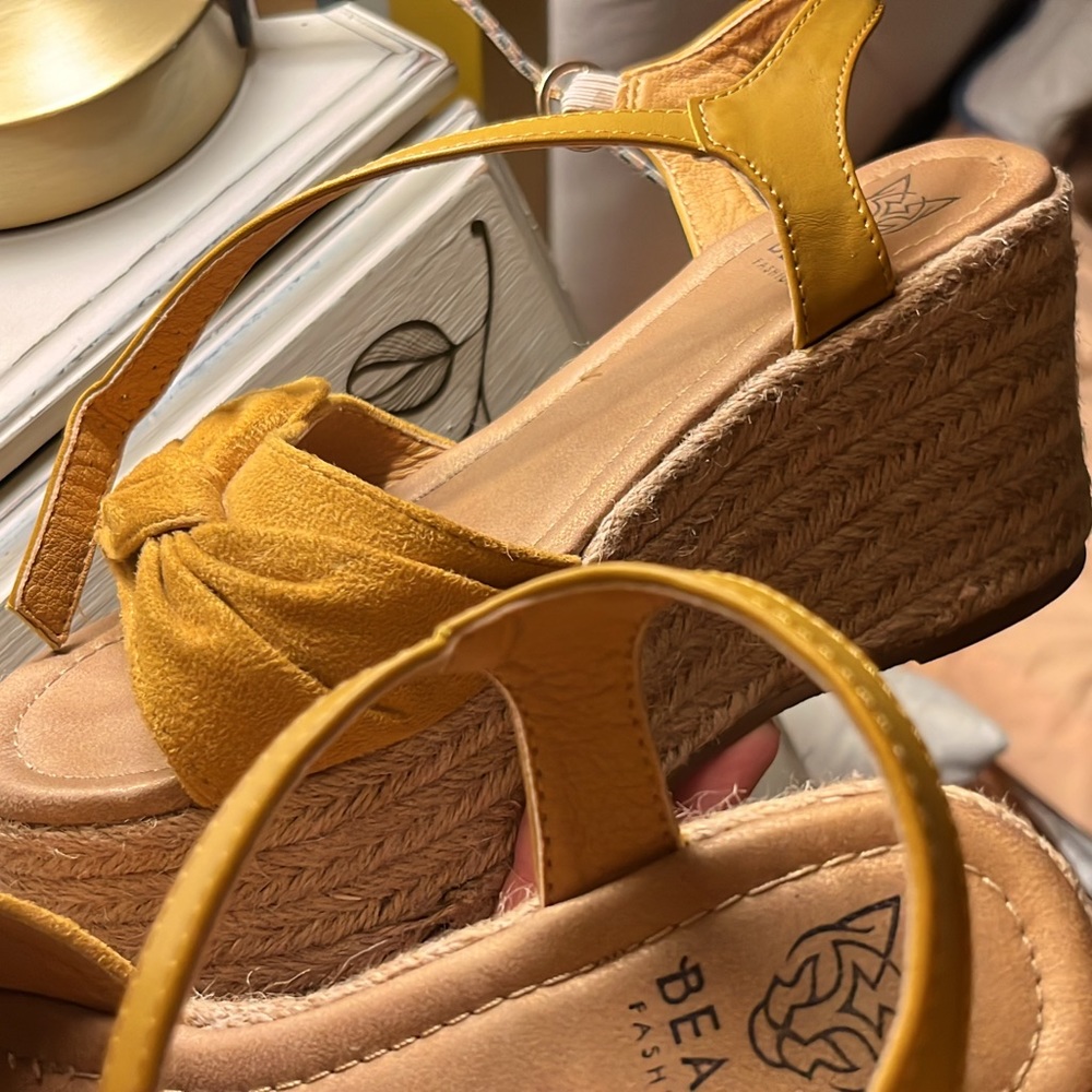 Beast Fashion Espadrilles Platform Wedge Sandals Mustard Yellow Suede